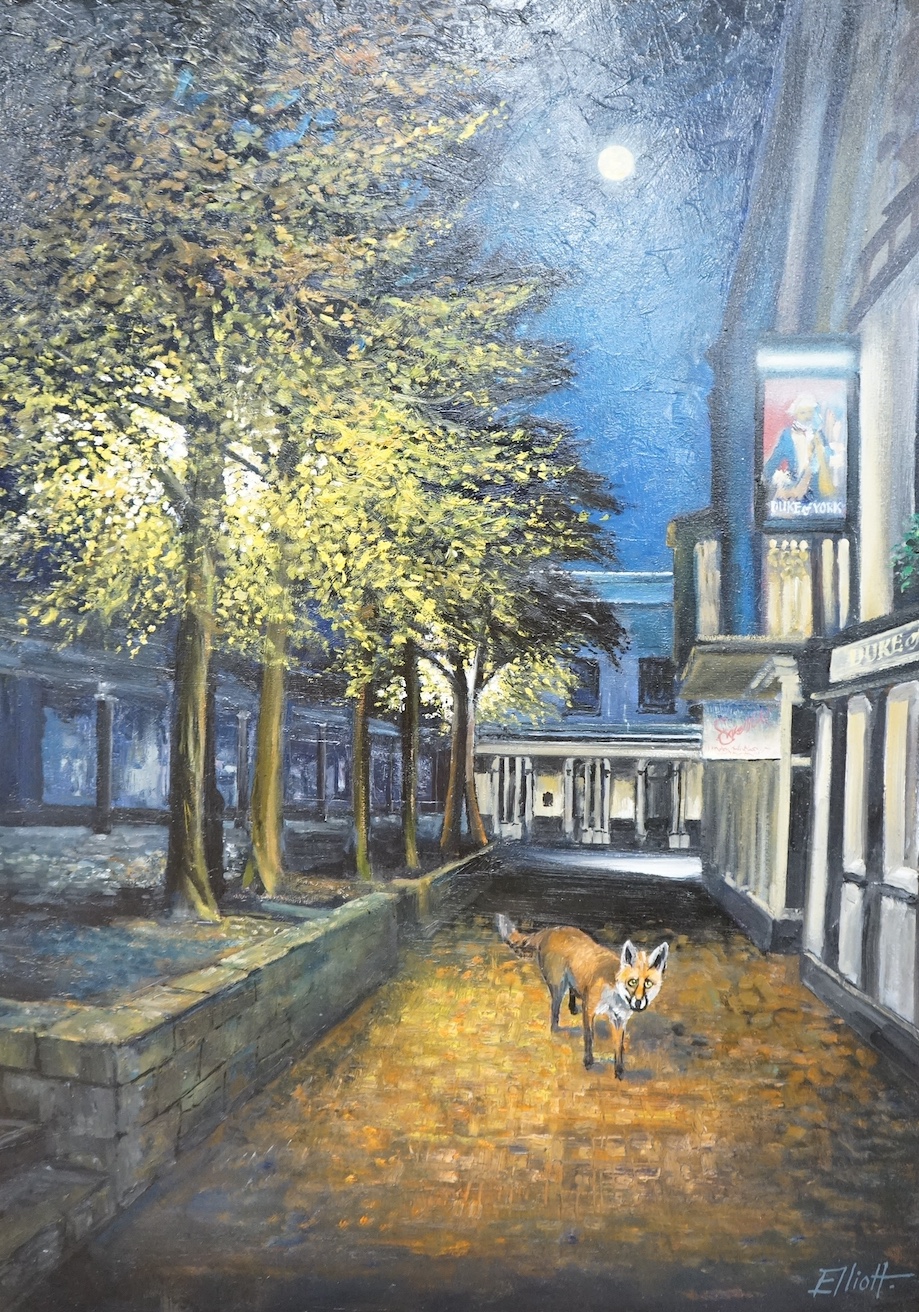Robin Alexander Elliott (b.1936), oil on canvas, ‘Foxy gentleman visits The Pantiles at Tunbridge Wells’, signed, inscribed verso, 90 x 65cm. Condition - good